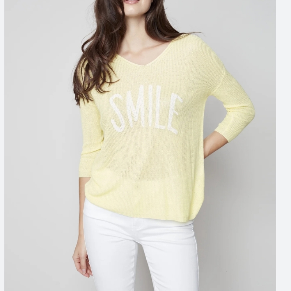 NWT CHARLIE B Loose Knit Sweater Yellow Banana SMILE Top XL